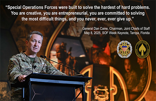 Social media graphic quote for USSOCOM showing General Dan Caine, Chairman, Joint Chiefs of Staff.
