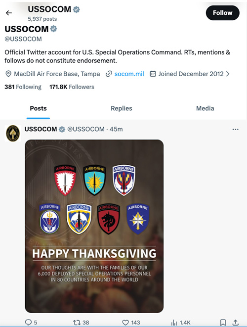Social media graphic for USSOCOM Thanksgiving 2025.