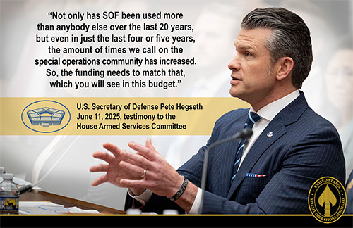 Social media graphic quote for USSOCOM showing SECWAR Pete Hegseth.
